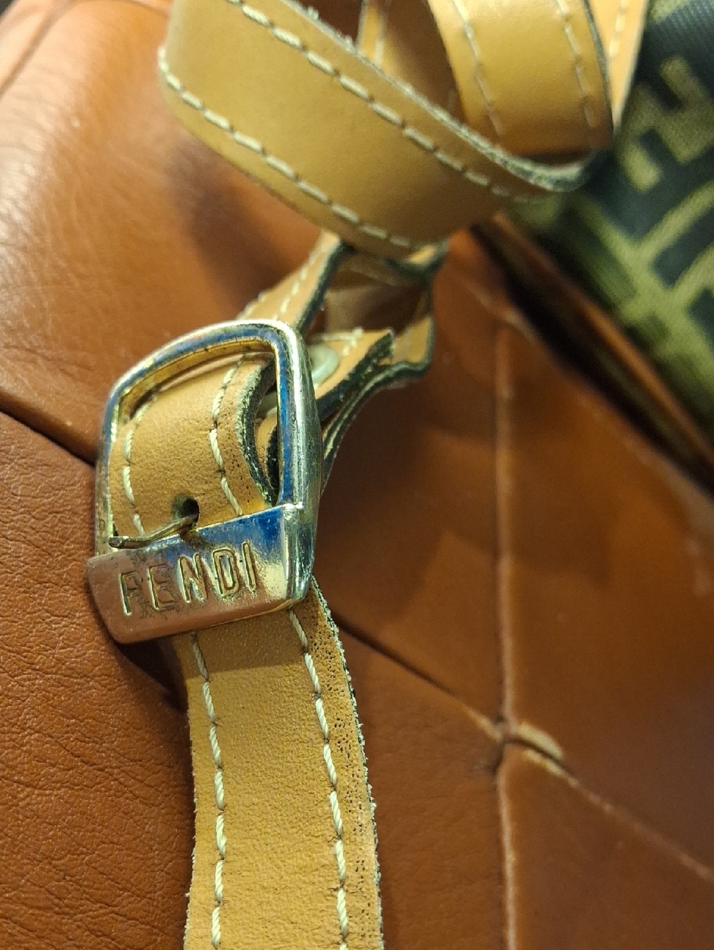 Fendi Leather-Trim Monogram Bucket Shoulder Bag in Tan and Black - Picture 3 of 12